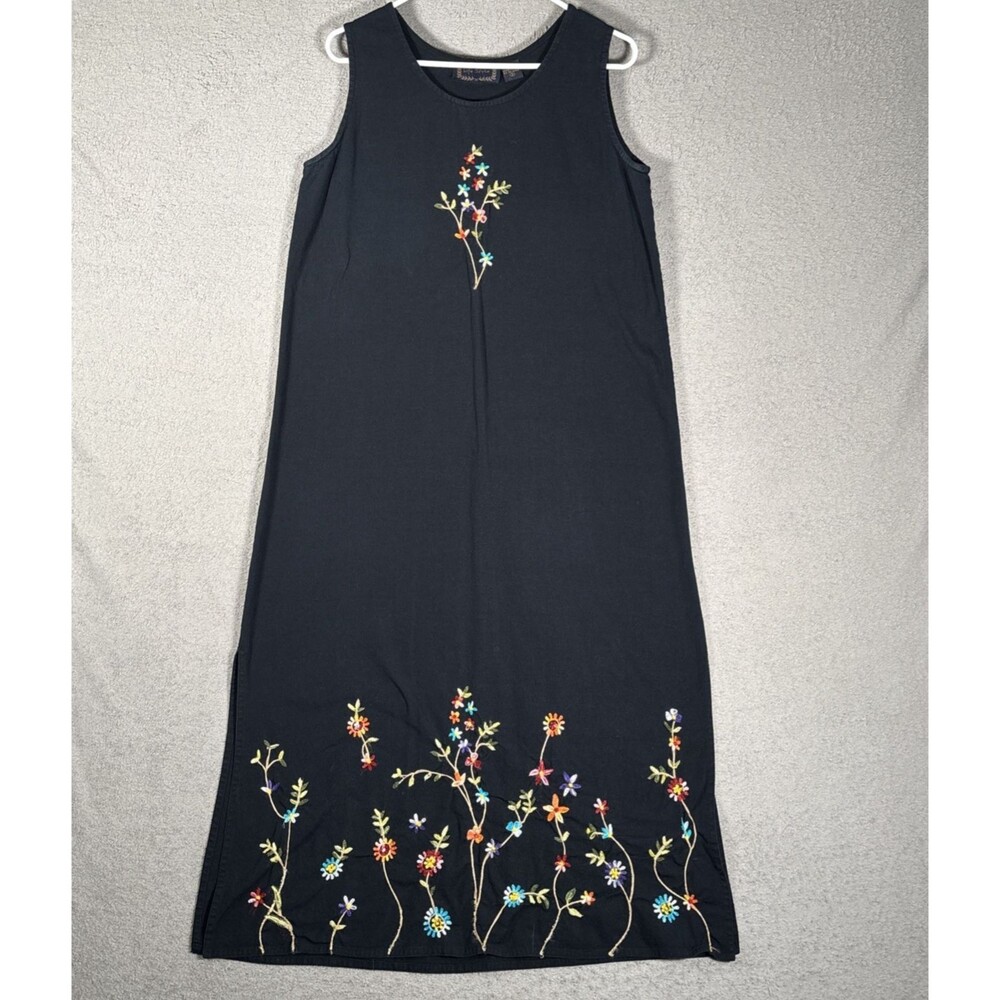 VNTG Life Style Women’s Size S Midi Dress Linen Blend Flower Embroidery 90s Boho